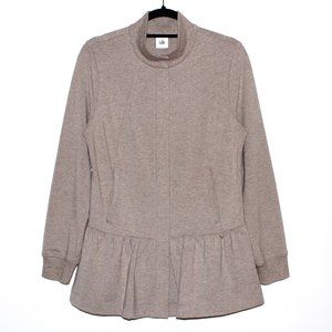 Cabi “Weekend Topper” Heather Taupe Peplum Zip Jacket